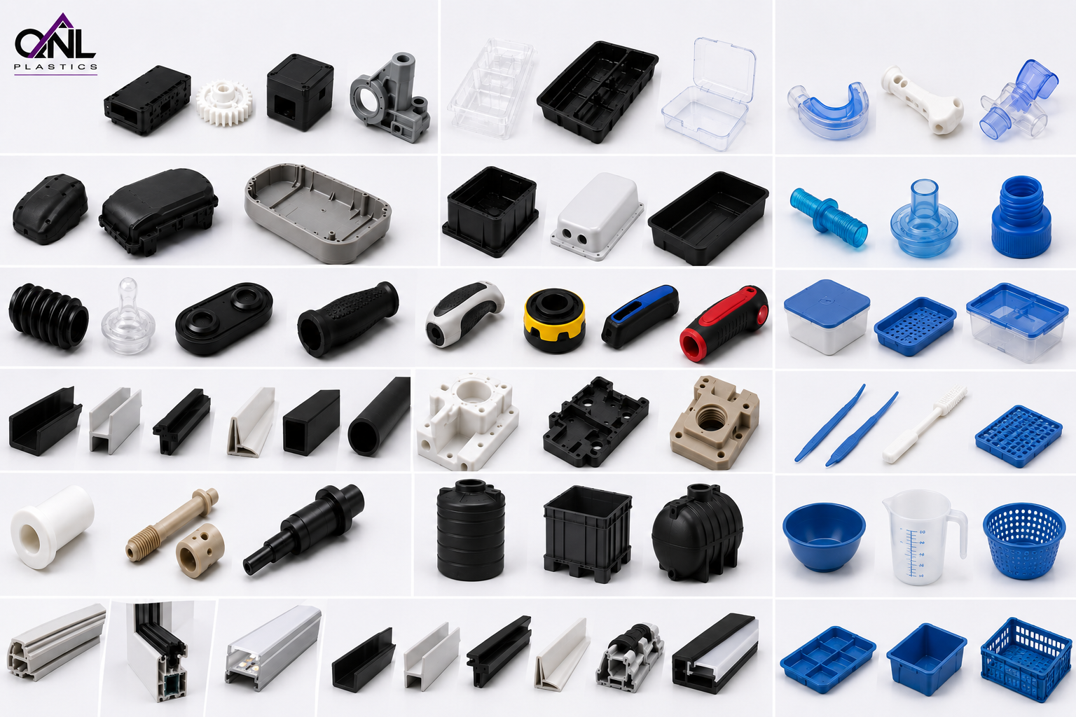 Overzicht van kunststof producten en onderdelen geproduceerd door QNL Plastics